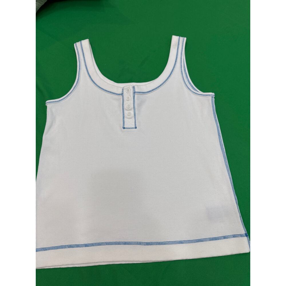 Jones New York women’s white ribbed cotton blue stitching Henley tank top L - Picture 11 of 11